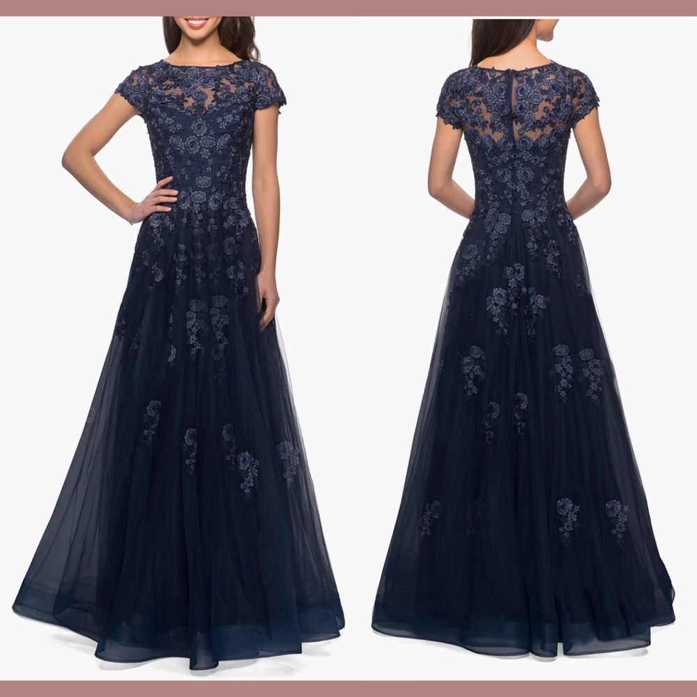 NWT $619‎ La Femme [ 4 ] Embellished Mesh A-Line Ball Gown 26907 in Navy Blue